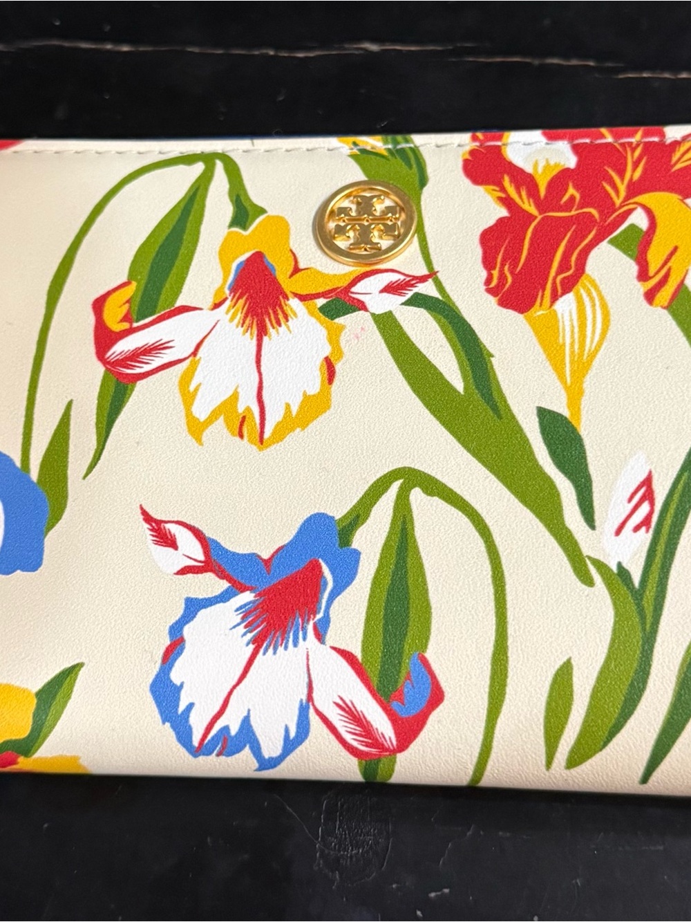 Tory Burch Cream Floral Leather Wallet with Gold Logo